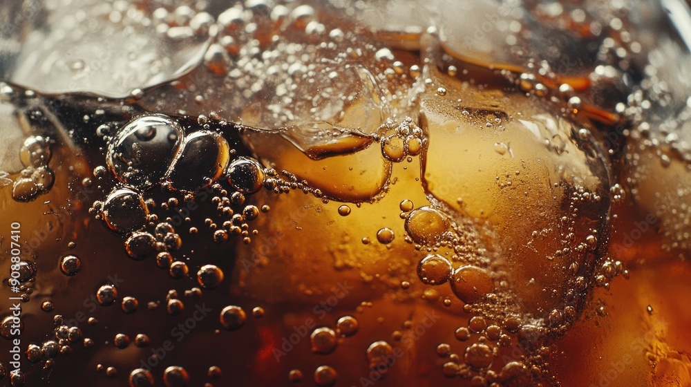 Poster macro shot of fizzy cola with ice cubes, bubbles floating to the surface