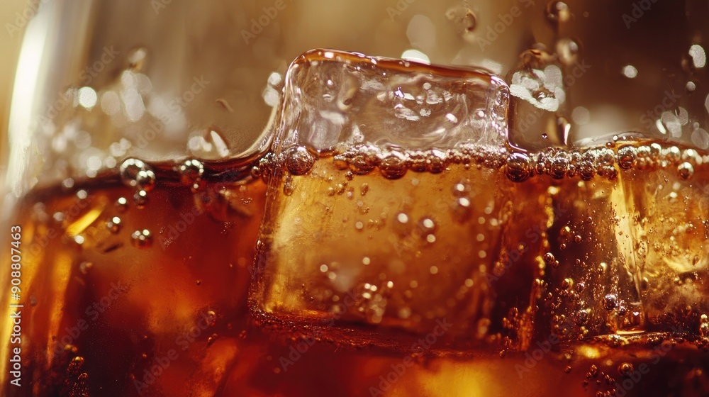 Poster macro shot of fizzy cola with ice cubes, bubbles floating to the surface