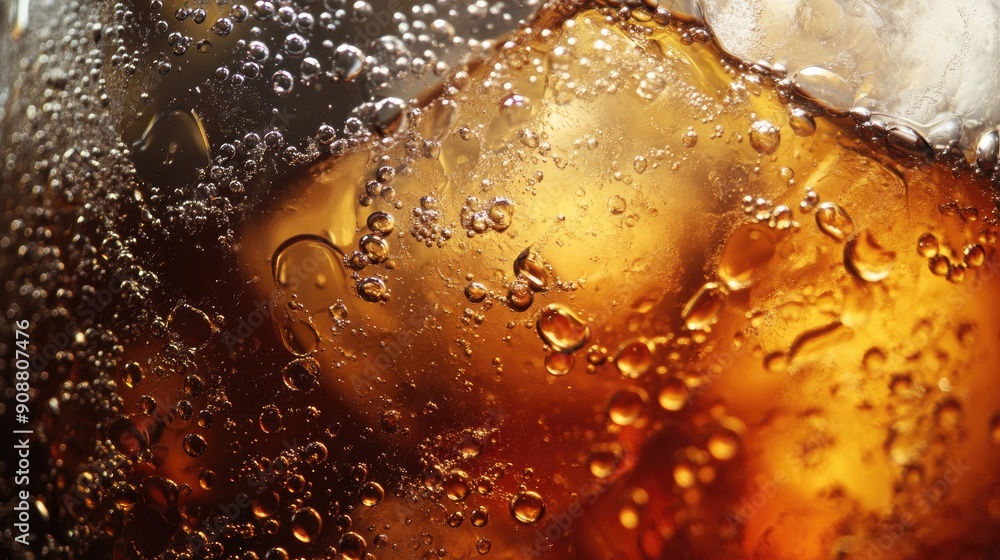 Poster macro shot of fizzy cola with ice cubes, bubbles floating to the surface