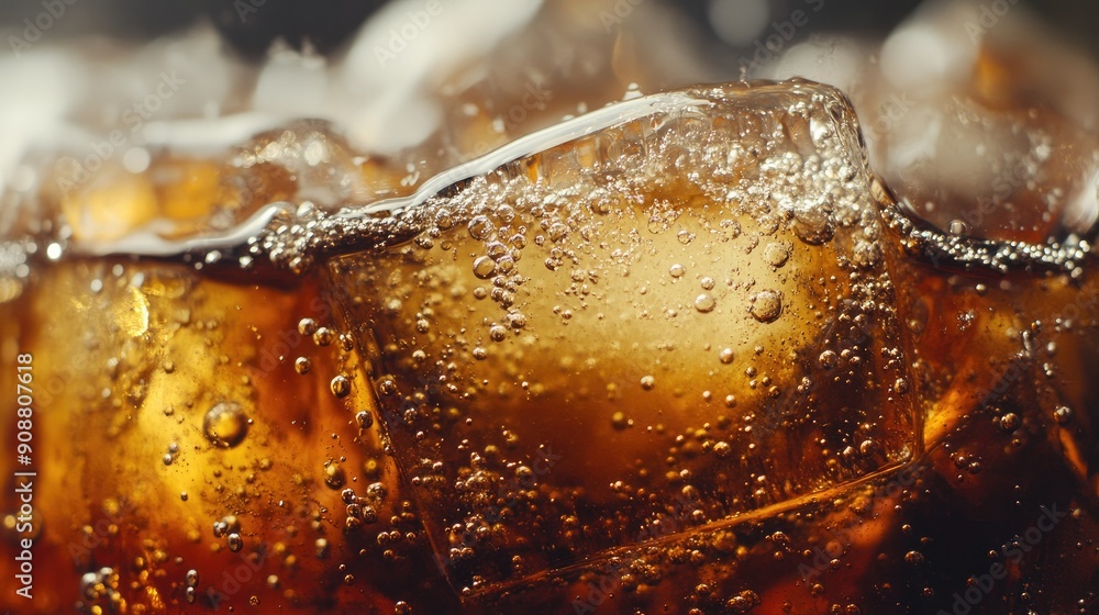 Poster macro shot of fizzy cola with ice cubes, bubbles floating to the surface