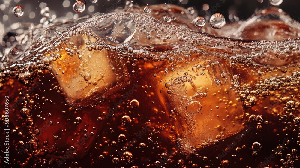 Aufkleber macro shot of fizzy cola with ice cubes, bubbles floating to the surface