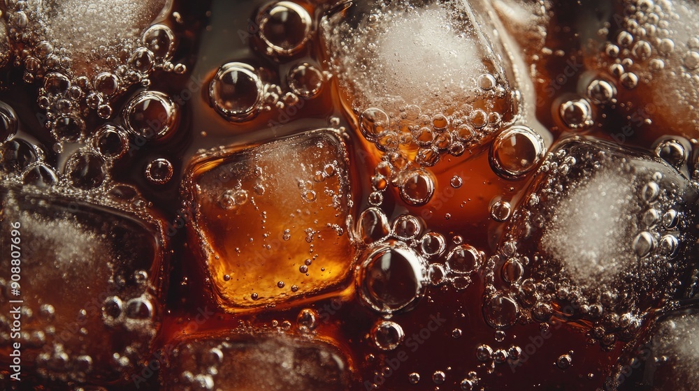 Poster macro shot of fizzy cola with ice cubes, bubbles floating to the surface