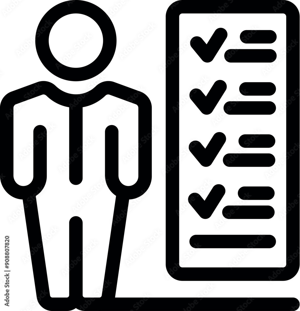 Poster line icon of a businessman standing next to a checklist with all the boxes checked, concept of task 