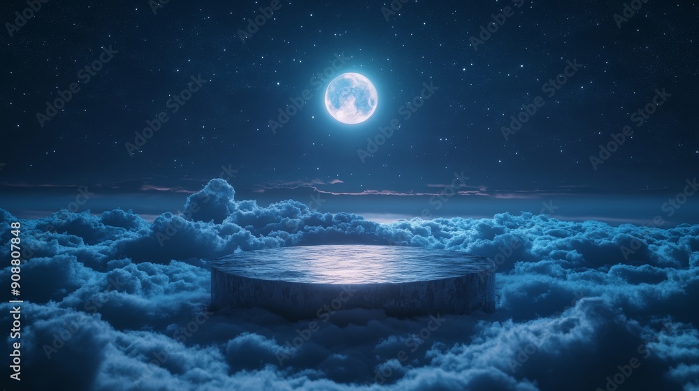 Poster a circular platform floating above clouds under a full moon and starry sky