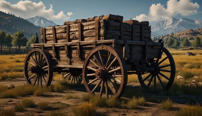 Vintage Wooden Wagon in Scenic Landscape