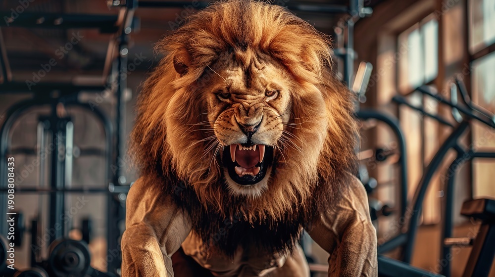 Poster portrait of a strong roaring male lion in a gym. bodybuilding concept