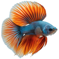 Fototapeta premium A vibrant betta fish displaying striking orange and blue colors, gracefully swimming in the water, showcasing its elegant fins. isolate on white background
