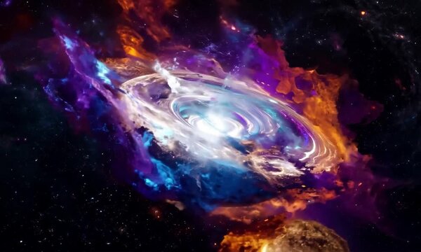 A fiery apocalypse in space destroys cosmic objects, with planets shattering like glass