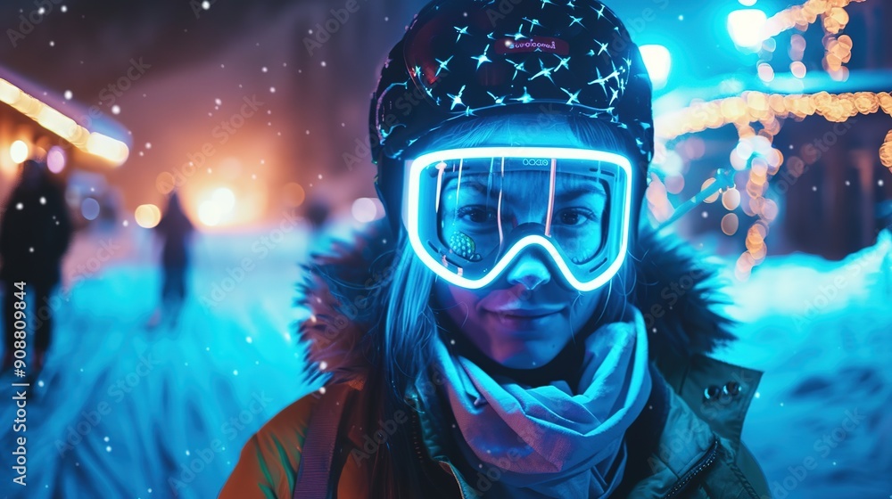 Wall mural Portrait of a woman wearing an illuminated mask in a ski station, snowy weather, neon illuminations at night