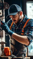 A man in a blue plaid shirt and orange overalls is working on a machine