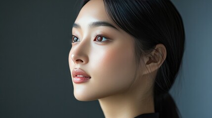 Fototapeta premium Profile shot of a young Asian woman with sleek hair, calm expression