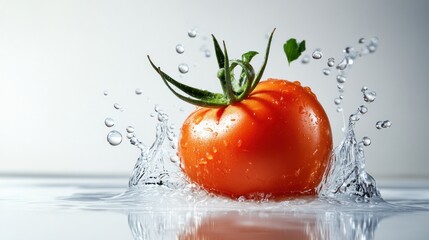 Red tomato splashing into clear water, creating a vibrant and refreshing image.