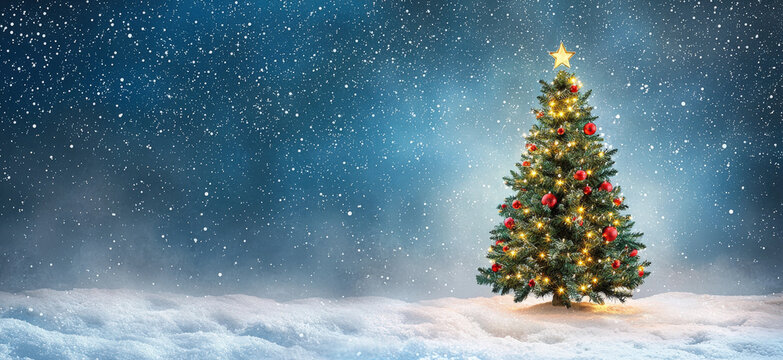 &Aacute;rbol de navidad decorado con bolas, guirnaldas y luces navide&ntilde;as, y una estrella dorada brillante en la parte superior, sobre superficie nevada y fondo de cielo nevando. Concepto fondos navide&ntilde;os