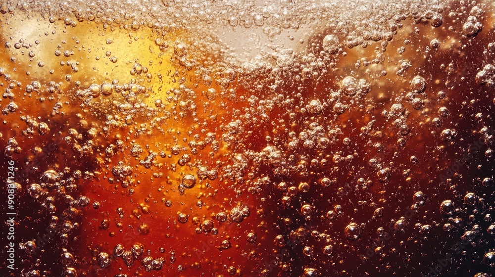 Poster texture of carbonated cola with ice, bubbles sparkling, refreshing view