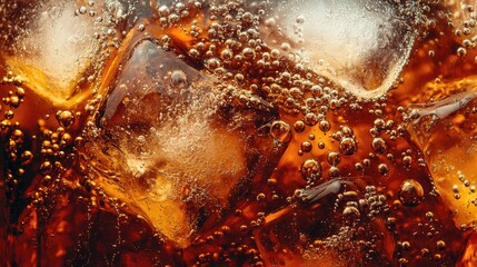 Texture of carbonated cola with ice, bubbles sparkling, refreshing view