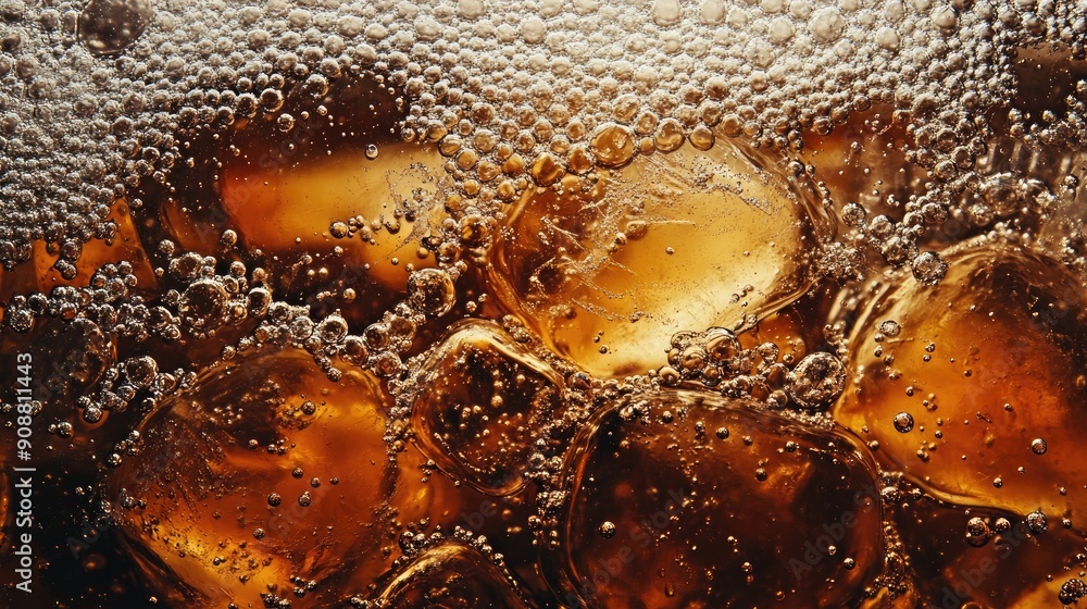 Poster texture of carbonated cola with ice, bubbles sparkling, refreshing view