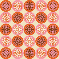 70's Retro Seamless Pattern. 60s and 70s Aesthetic Style, 1970s retro groovy repeat pattern, 1960s, floral, flower pattern in cream, brown, orange and pink