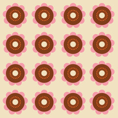 Retro Floral Pattern with Pink and Brown Flowers on Cream Background. This seamless design features stylized flowers creating a nostalgic and playful vintage, 1970s,  70s