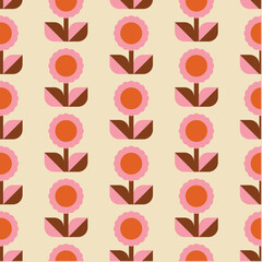 Retro Floral Pattern with Pink and Orange Flowers on Cream Background. This seamless design features stylized flowers creating a nostalgic and playful vintage aesthetic, 1960s, 60s, 70s, 1970s, groovy
