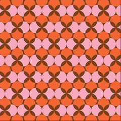 Retro Flower Pattern with Orange, Pink, and Brown Circles - A seamless vintage design showcasing floral shapes, intersecting circles in warm orange, soft pink, and rich brown tones, 1970s, 70s, 60s