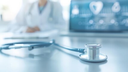 Close-up of a stethoscope on a table in a medical environment, symbolizing healthcare and patient care.