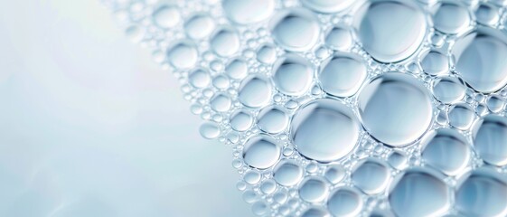 Close-up of clear water droplets on a smooth surface, creating an elegant, refreshing aesthetic with gentle reflections.