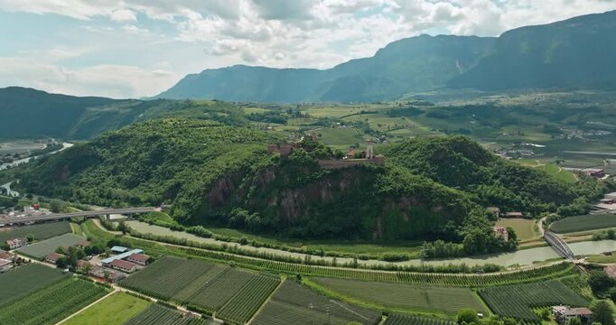Sigmundskron Castle and Messner Mountain Museum Aerial View Alpine Adventure in Bozen, Italy. High quality 4k footage