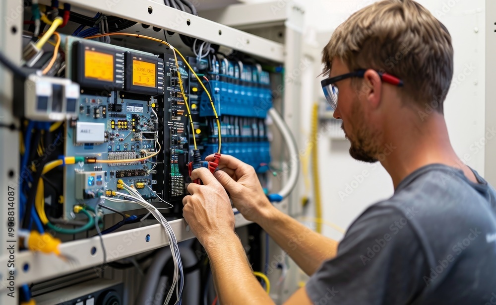 Poster electrician working on circuit board with wires and tools in an industrial setting