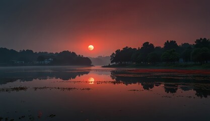 Obraz premium Serene Sunset Over Tranquil Lake