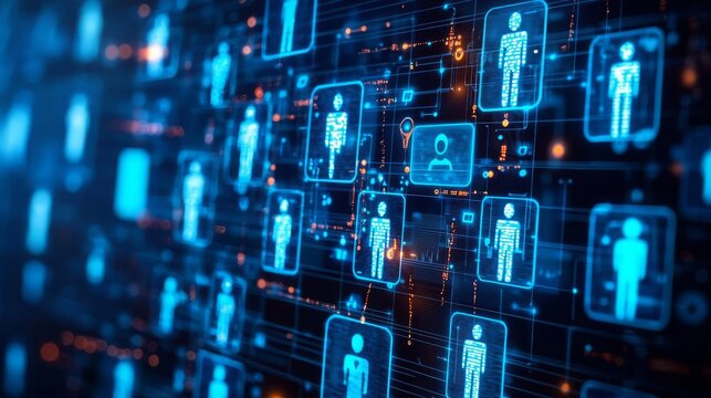 Human Resources Hiring Employee techniques AI analyzing job applications on a holographic display, advanced recruitment methods