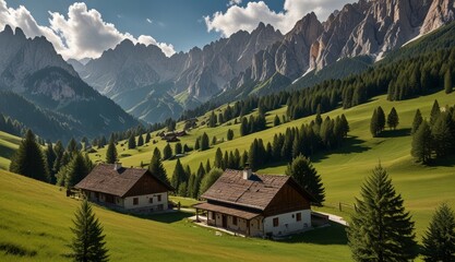 Serene Alpine Landscape with Cabins
