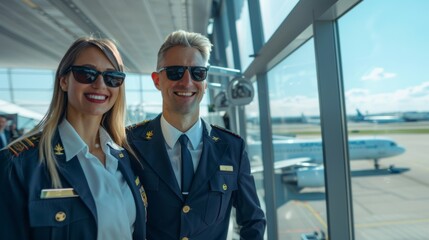 Pilot and flight attendant standing in airport terminal and looking at camera with smiling face. Airline business concept, job and career in air transportation.