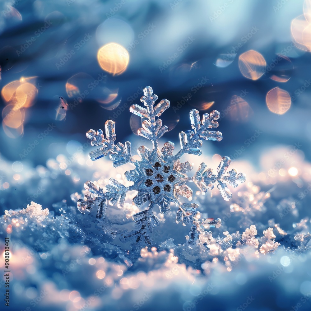 Poster beautiful snowflake on a snowy background with sparkling bokeh light