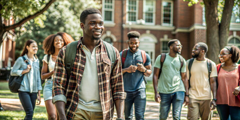 Students walking on college campus outdoors