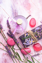 Lavender soap flowers spa background