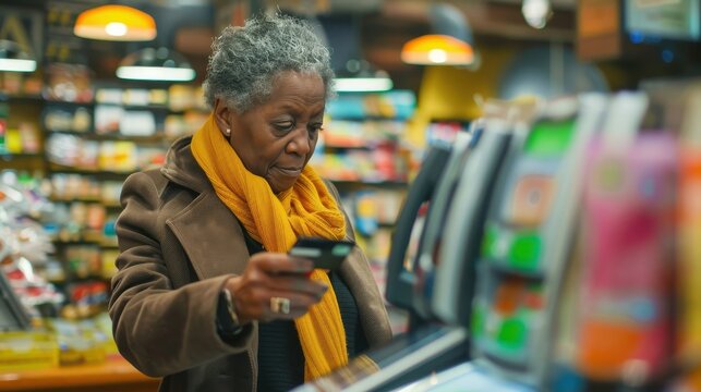 An elderly woman checks her smartphone while shopping in a vibrant grocery store
