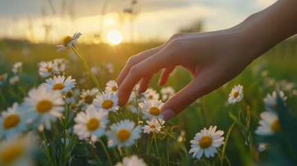 female hand touching daisies in the field, close-up