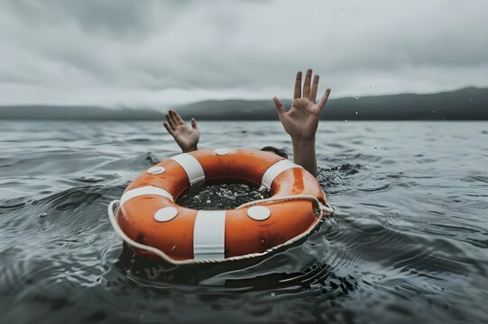 A photograph of a person reaching out for help with an orange and white life preserver floating above the water in front of them, creating a sense of calm and safety on a cloudy day isolated.