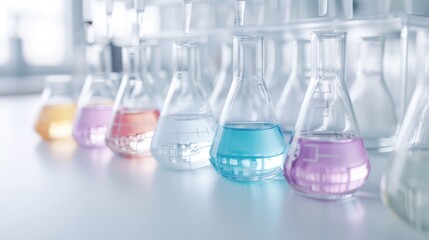 Colorful laboratory glassware with various liquids, showcasing scientific research and chemical experiments.
