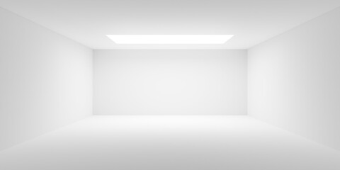 Empty, blank white room with ceiling light in the back, interior template with copy space
