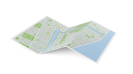 Abstract folded paper city map over white background, travel, navigation, route finding or gps location concept