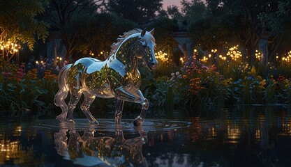 Glowing Horse in Serene Pond