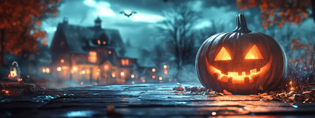 A pumpkin with a smiley face is sitting on a sidewalk in front of a house