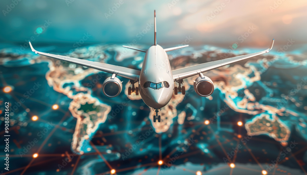 Poster airplane flying over a digitally rendered world map with glowing network lines. concepts of global t