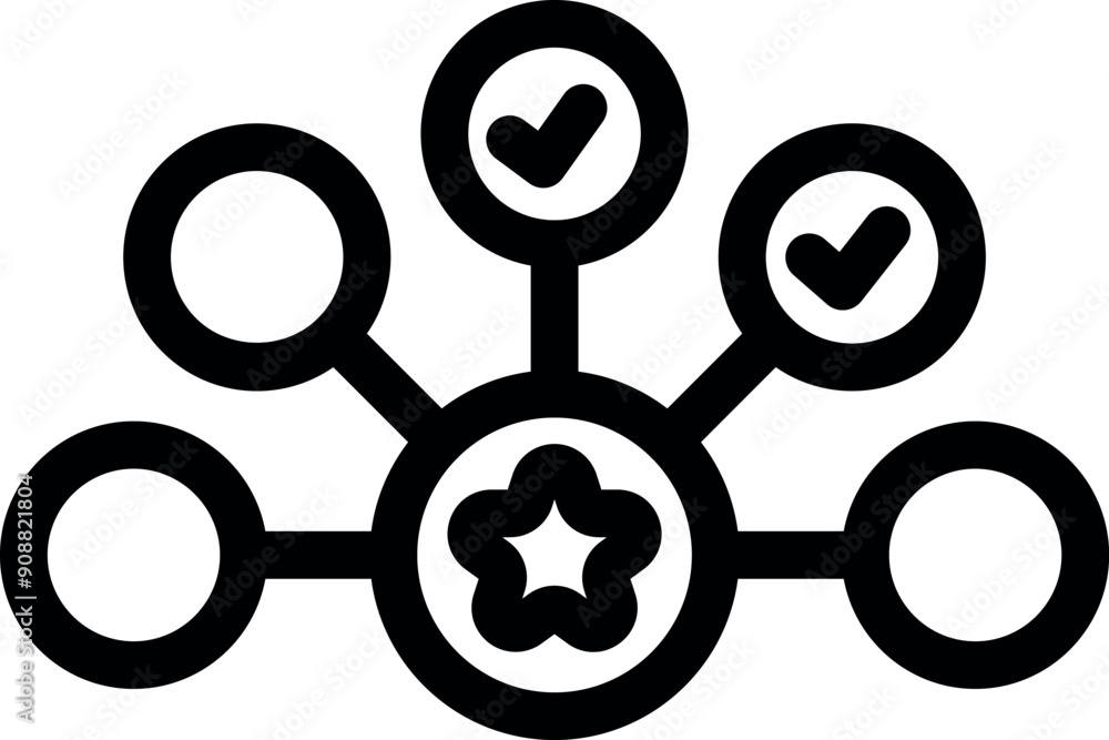 Poster network marketing icon showing a starred hub with checked circles connected