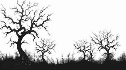 Spooky silhouette of a dead tree surrounded by grass, capturing the essence of Halloween.