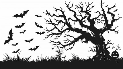 Fototapeta premium Eerie silhouette of a lifeless tree in a grassy field, perfect for a Halloween-themed image.