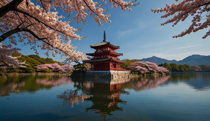Fototapeta premium Serene Cherry Blossom Reflection