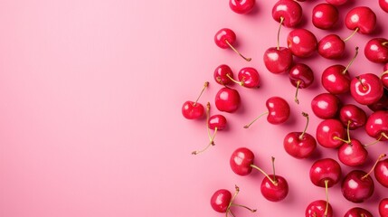 Close-up of fresh red cherries scattered on a pink background.