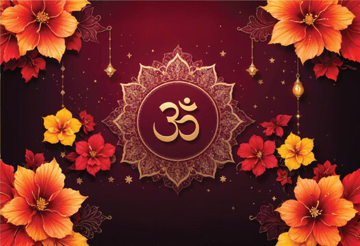 a poster with a gold om symbol inside rangoli pattern and flowers element on it